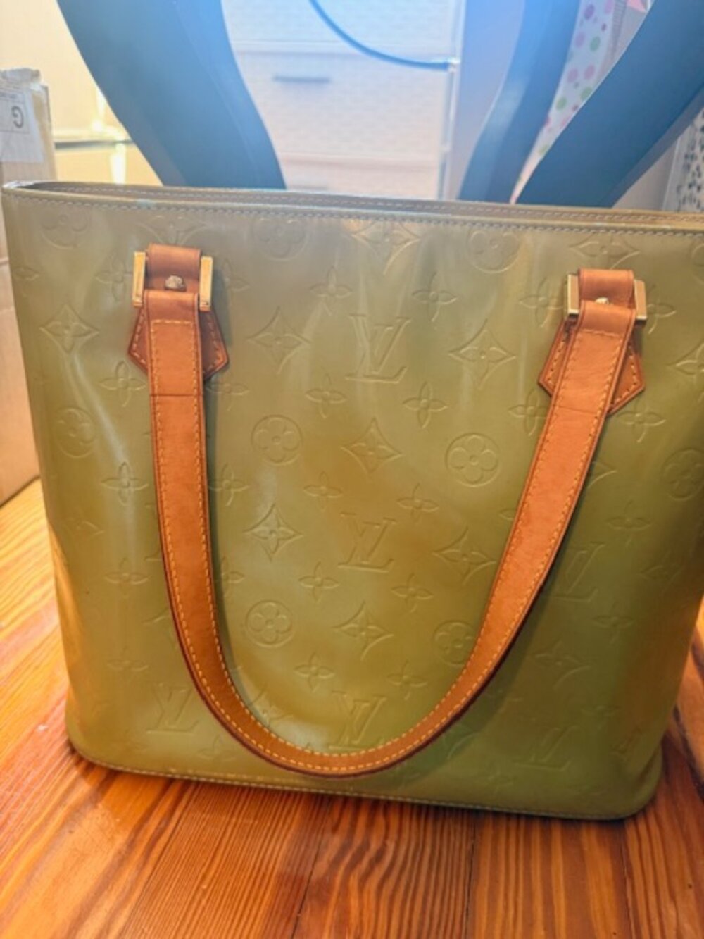 Louis Vuitton Olive Vernis MonoTote w/ Tan Leather Handles. COA.